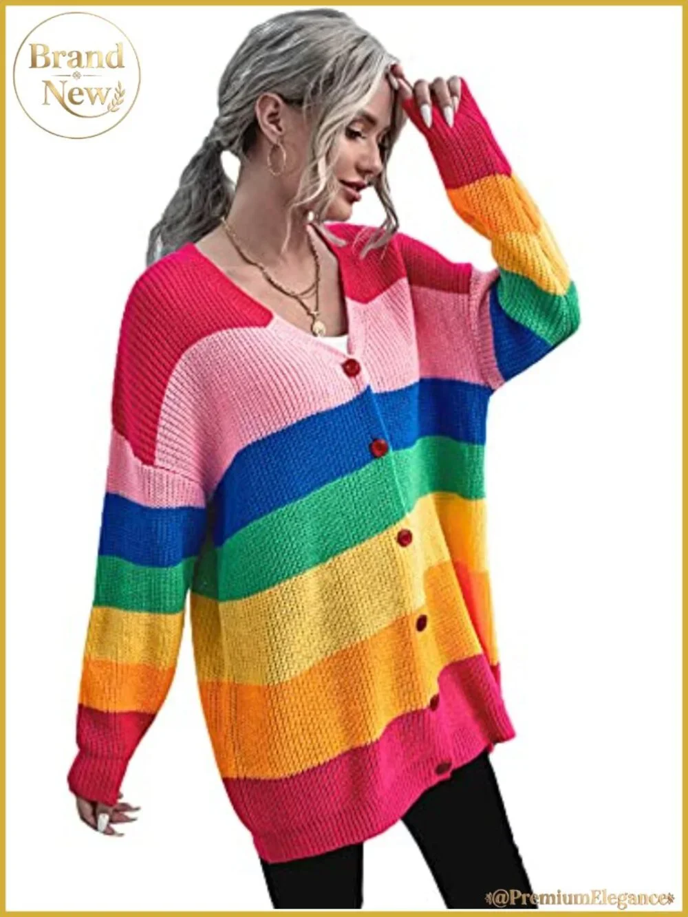 Women's Oversized Rainbow Stripe Cardigan Sweater with Button Front
